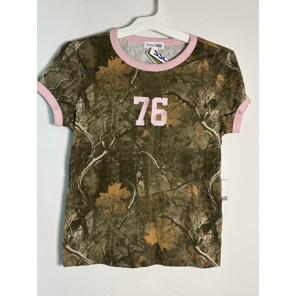 Orange Kiss Womens Camo Ringer Tee Pink Trim 76 Graphic Short Sleeve Shirt L NWT